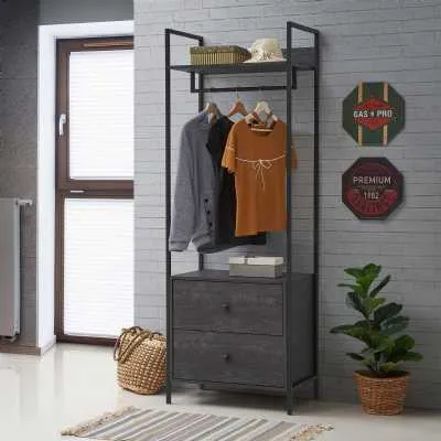 Black Narrow Hanging Open Wardrobe Metal Frame 2 Drawers 180cm Tall