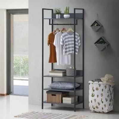 Black Metal Frame and Grey Open Wardrobe with 4 Shelves 180 x 64cm Modern Style