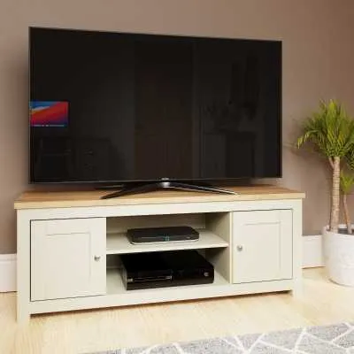 Cream Light Oak Top 2 Door TV Media Entertainment Unit with Open Shelves