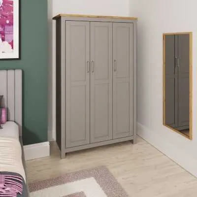 Light Grey Wooden 3 Door Triple Wardrobe with Oak Top 181cm Tall