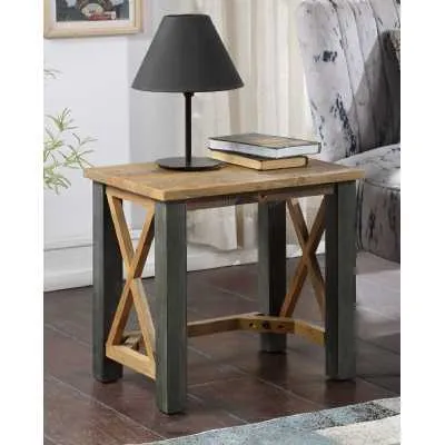 Reclaimed Wood And Steel Cross Framed Lamp End Table Open Front Side