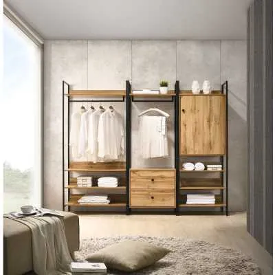 Oak Effect 3 Piece Bedroom Furniture Set Open Wardrobes Metal Outer Framed