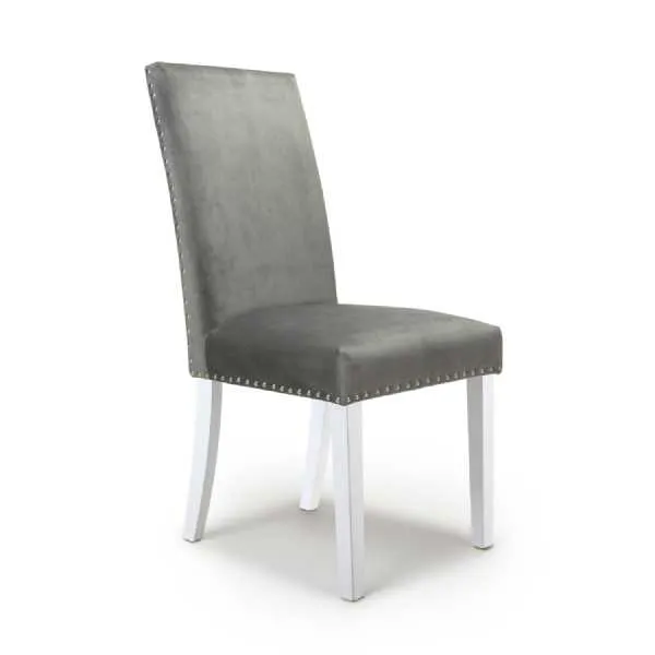 Grey Brushed Velvet Fabric Upholstered Kitchen Dining Chair Stud Detail White Legs