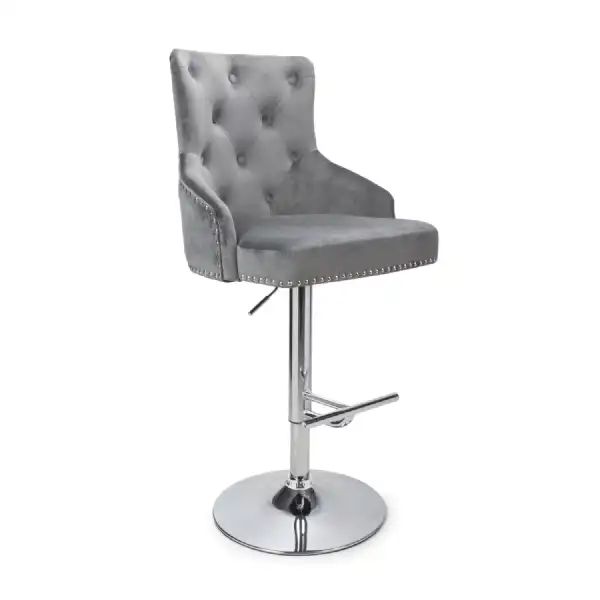 Grey Brushed Velvet Adjustable Bar Stool Chrome Base