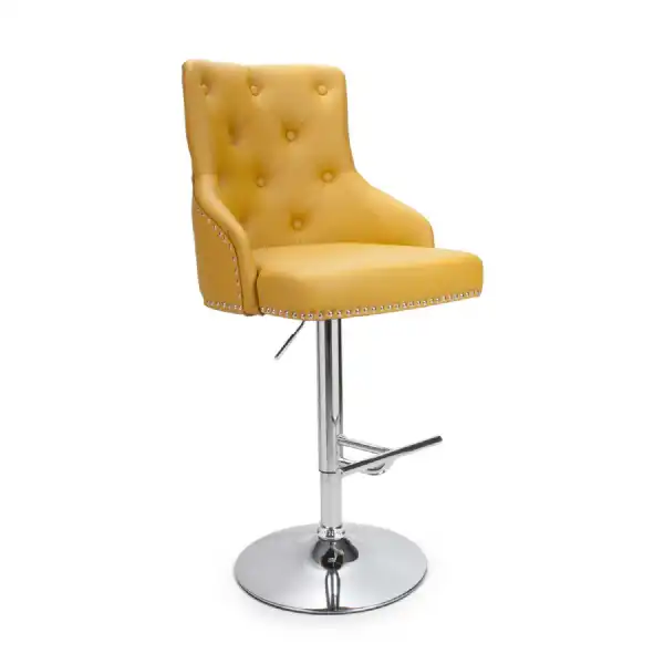 Pair of Yellow Leather Adjustable Bar Stools Chrome Base