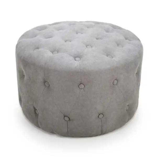 Light Grey Linen Fabric Round Buttoned Foot Stool