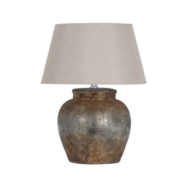 Round Shaped Aged Beige and Black Stone Ceramic Table Lamp Beige Linen Shade