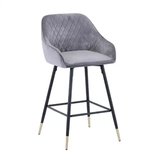 Grey Brushed Velvet Bar Stool Black and Gold Tip Legs