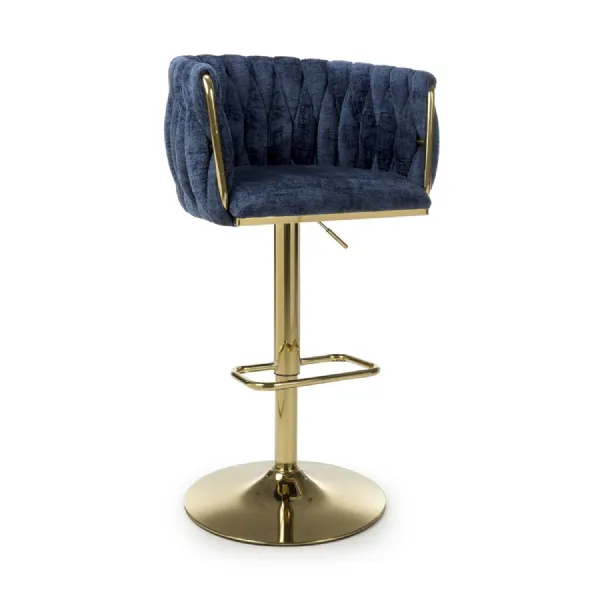 Blue Linen Fabric Adjustable Swivel Bar Stool Gold Legs