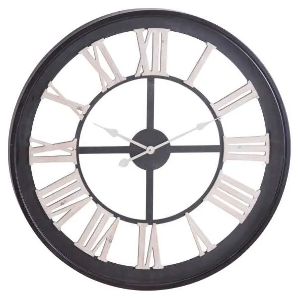 Black Framed Skeleton Round Industrial Wall Clock Gold Roman Numerals 80cm Diameter