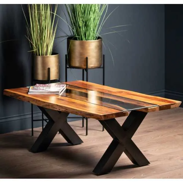 Live Edge River X Legs Rectangular Coffee Sofa Table With Acacia And Glass Top 45 x 115cm