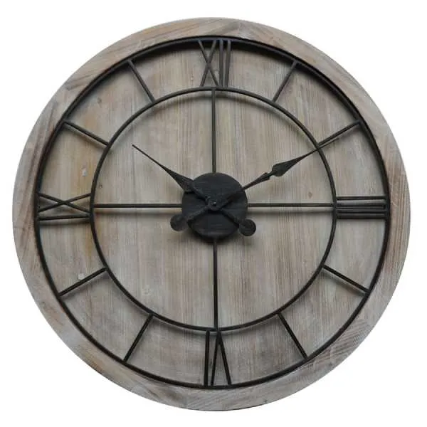 Williston Large Wooden Round Wall Clock Grey Metal Roman Numeral Clock Face 90cm Dia