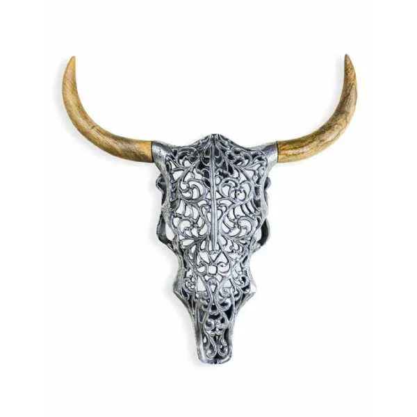 Aluminium Natural Colour Wood Horn Bison Wall Head