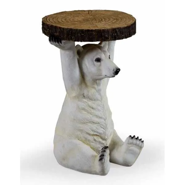 White Polar Bear Holding Tree Trunk Slice Side