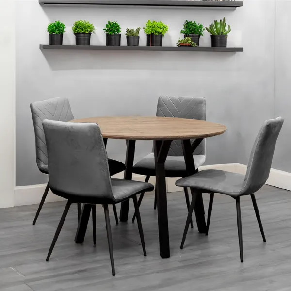 Dining Set 1.1m Oak Finish Round Table And 4 x Grey Chairs