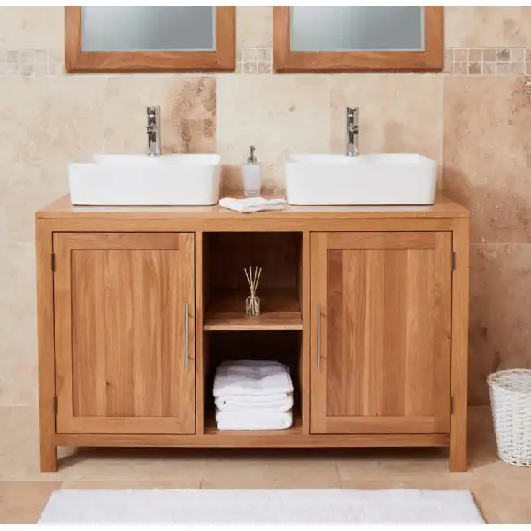 Solid Oak Double Sink Vanity Unit Set 2 Sinks 2 Taps