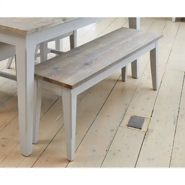 Medium Solid Wood Distressed Grey Painted Dining Bench Limed Top