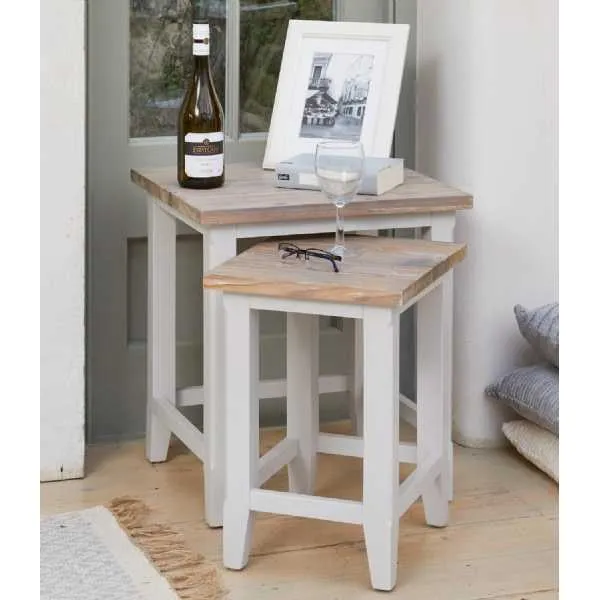 Grey Painted Wood Nest of Two Occasional Side Tables Limed Tops