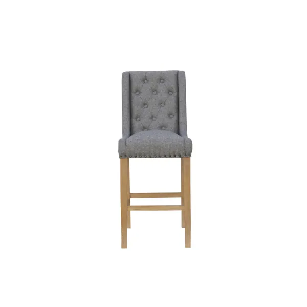 Modern Oak Wood Light Grey Fabric Button Back Stool