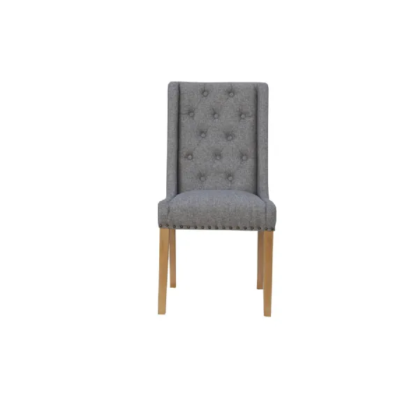 Modern Oak Wood Light Grey Fabric Upholstered Buttoned Back Dining Chair 103 x 51cm