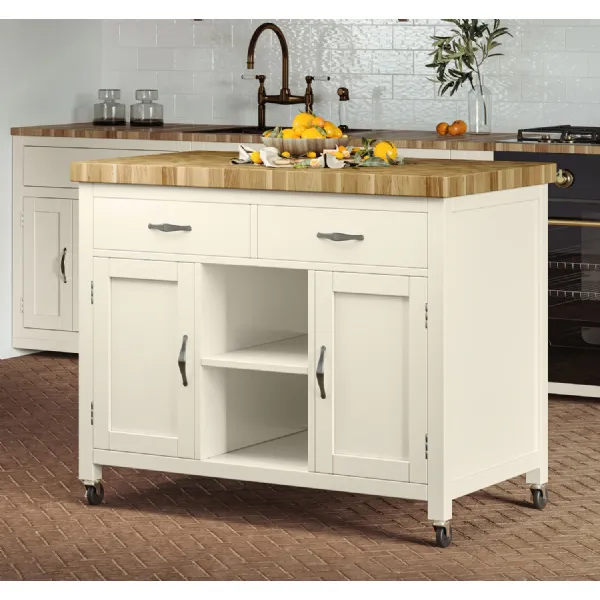 Cream Painted Kitchen Island with Butchers Block Top on Wheels