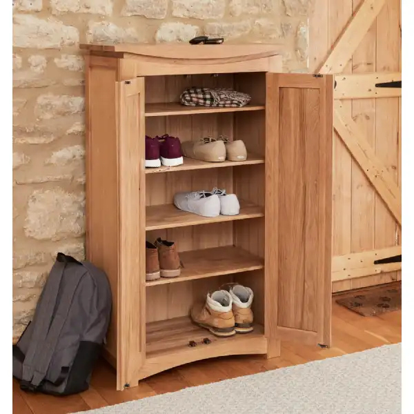 Tall Slim Light Solid Oak Shoe Cabinet 2 Doors