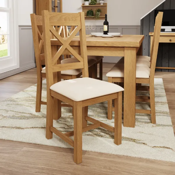 Rustic Oak Cross Back Dining Chair Cream Seat Cushion