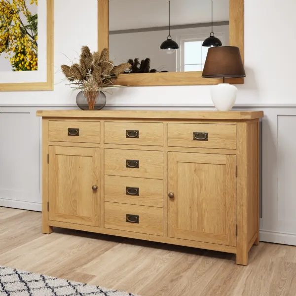 Rustic Oak Wooden 2 Door 6 Drawer Large Sideboard