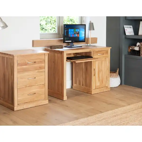 Solid Light Oak Single Pedestal Computer Desk Cupboard and Drawer