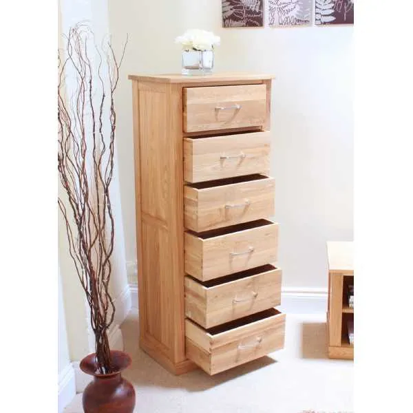 Light Oak Slim Tallboy 6 Drawer Tall Chest of Drawers Storage Chest