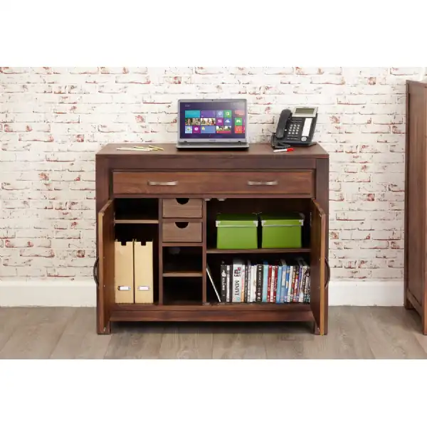 Walnut Hidden Home Office Storage Cupboard Work Station With Keyboard Drawer