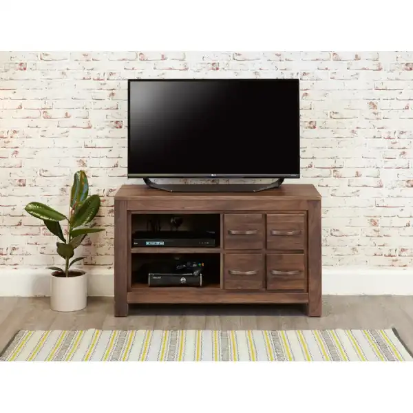 Walnut Wide Screen TV Cabinet 4 Drawers Dark Wood Finish