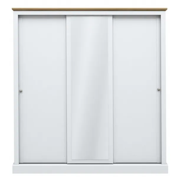 White Painted 3 Door Sliding Wardrobe Oak Effect Top with Centre Mirror 182x176cm