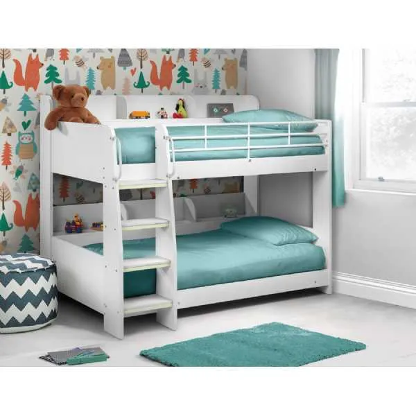 Modern White Wooden Single Kids Sleeper Bunk Bed with Ladder and Shelving