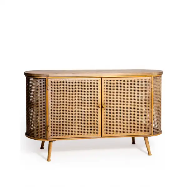 Metal Rattan and Wood Low 2 Door Sideboard