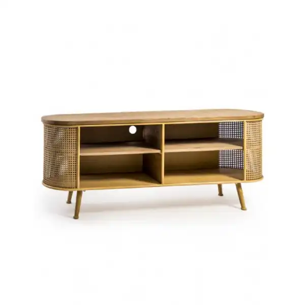 Rustic Metal Rattan and Wood Retro TV Unit