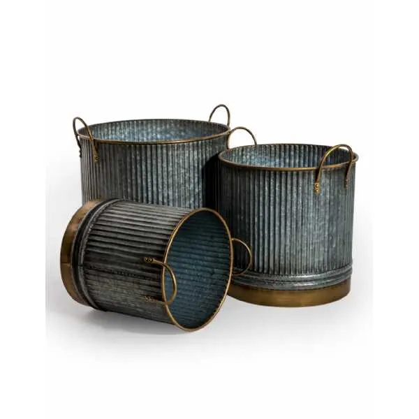 Set Of 3 Galvanised With Brass Details Planters