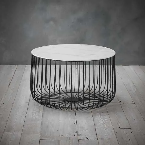 Large Round Cage Black Metal Framed Coffee Table with White Marble Top