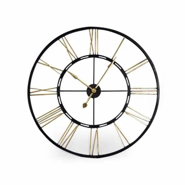 Large Black and Gold Round Metal Skeleton Wall Clock