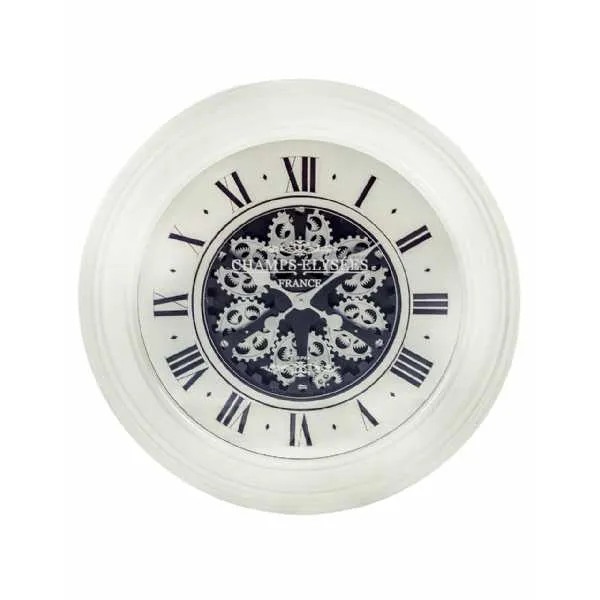 Round Cream Mirrored Face Moving Gears Wall Clock