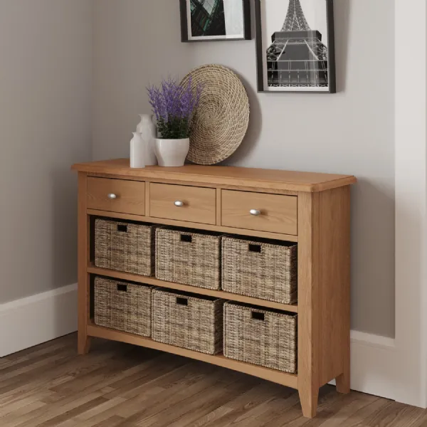 Oak 3 Drawer 6 Woven Wicker Baskets Sideboard