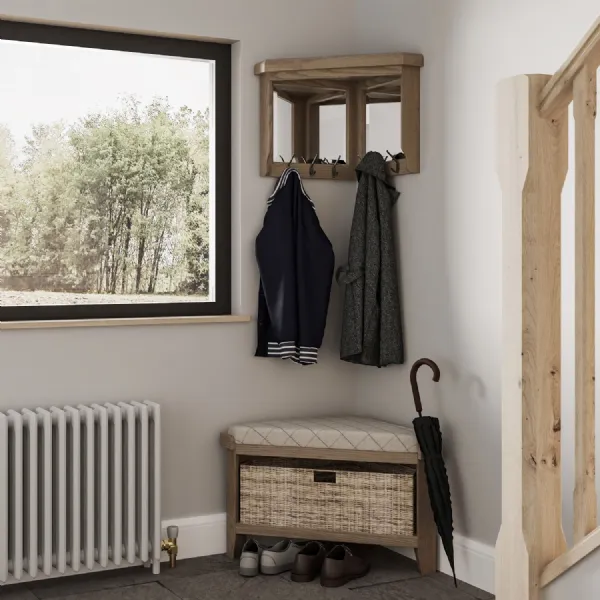 Wooden Corner Bench with Wool Seat Wicker Baskets