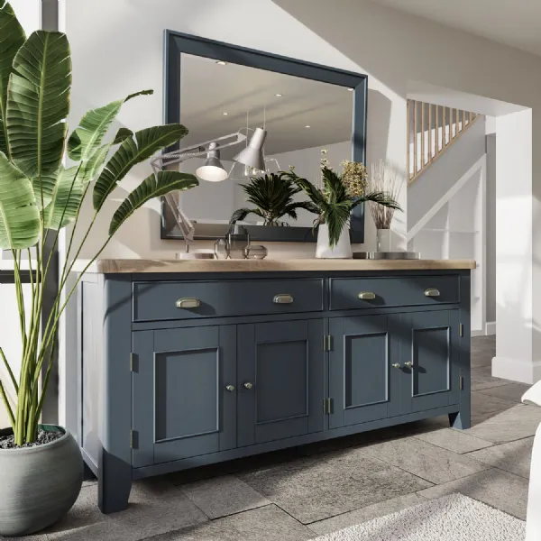 Large Blue Painted 4 Door Sideboard Oak Top