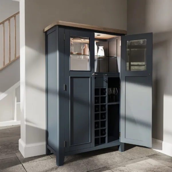 Large Dark Blue Painted Oak Drinks Cabinet