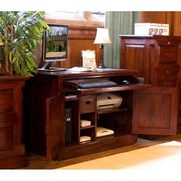 Computer Cupboard Home Office Study Desk Unit in Dark Wood Mahogany Finish