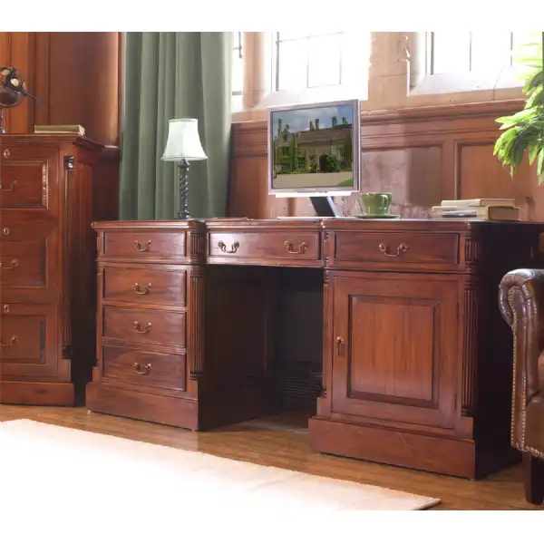 Mahogany Dark Wood Twin Pedestal Computer Desk