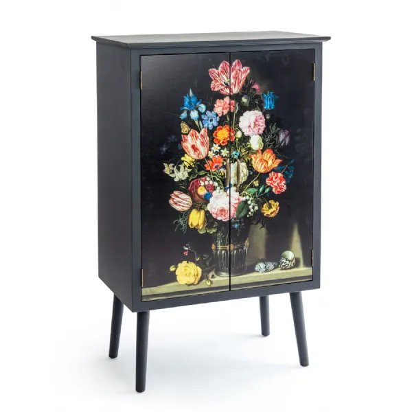 Tall Floral Bouquet Boho Chic Side Cabinet with Narrow Legs