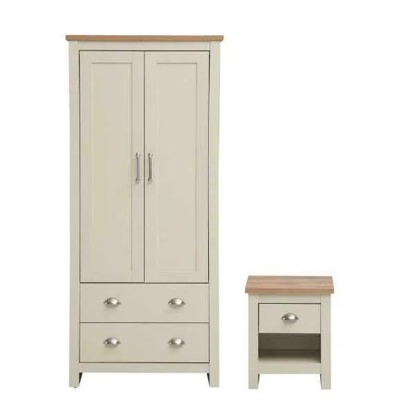 Modern Cream Wooden 2 Piece Bedroom Set with Oak Effect Tops