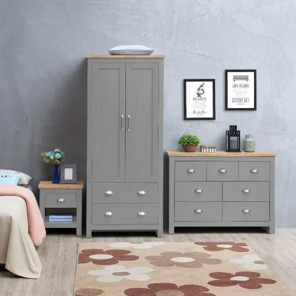 Light Grey Oak Top 3 Piece Bedroom Set (2 Door Wardrobe, 3+4 Chest, 1 Drawer Bedside)