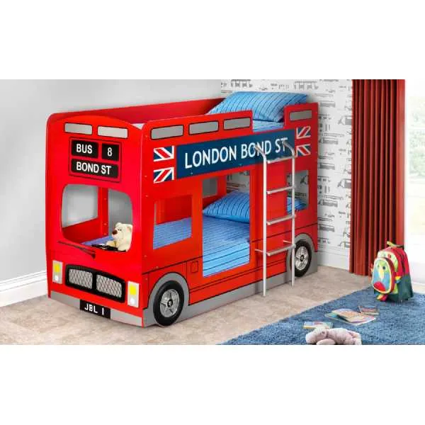 London Bus Kids Children Single 3ft 90cm High Gloss Red Wooden Bunk Bed